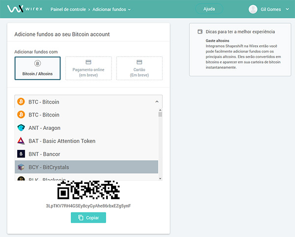 Conta Bitcoin no site Wirex