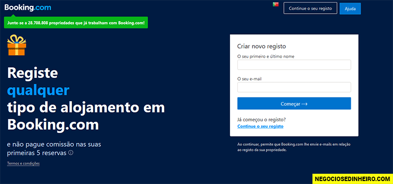 Adicionar alojamento ao site Booking.com