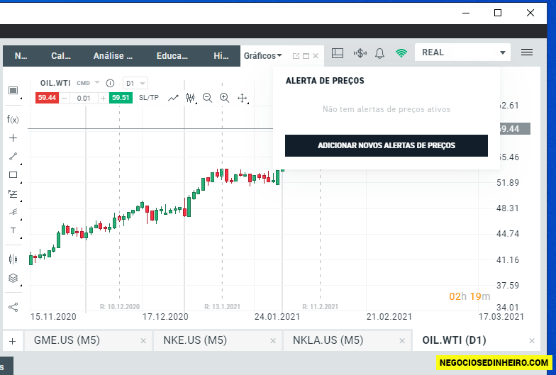 Alerta de preços na plataforma xStation 5 da XTB