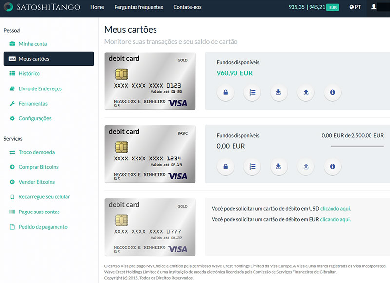 Cartões de Débito de Bitcoin SatoshiTango