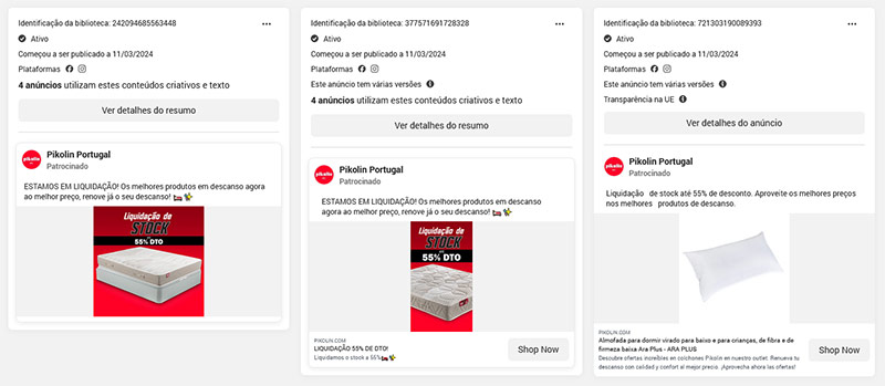 Anúncios do facebook e instagram da marca de colchões Pikolin