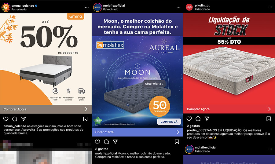 Anúncios instagram das marcas de colchões Emma, Molaflex e Pikolin