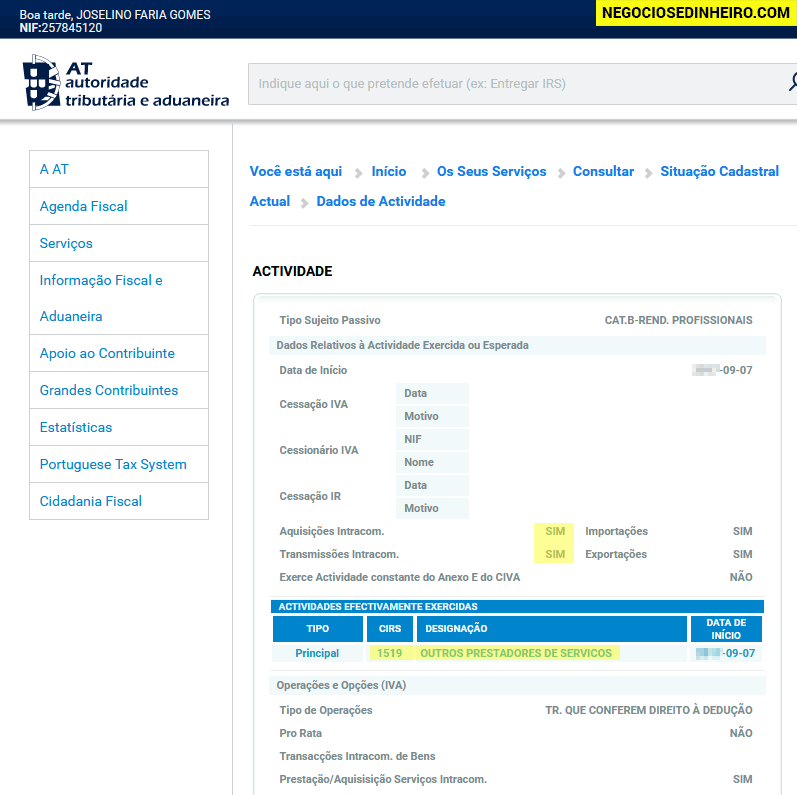 Abrir atividade nas finanças