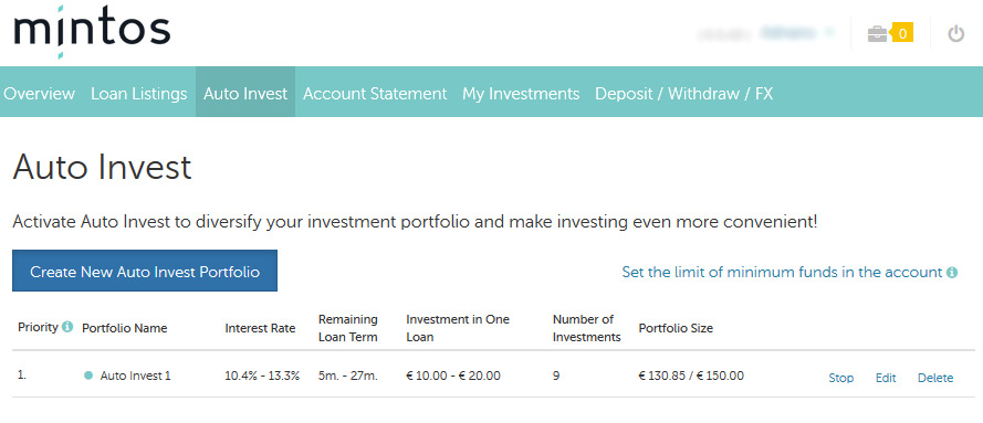 Auto Invest na plataforma crowdfunding Mintos
