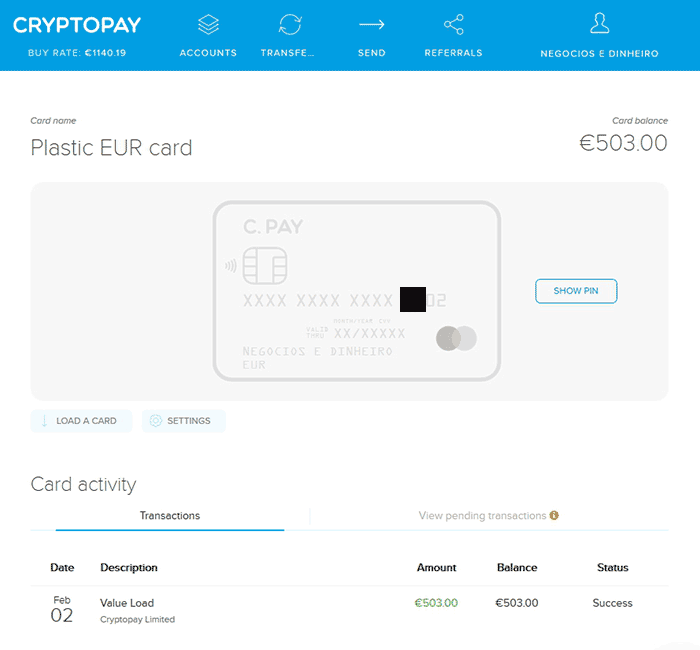 Página de gestão do cartão de débito Cryptopay