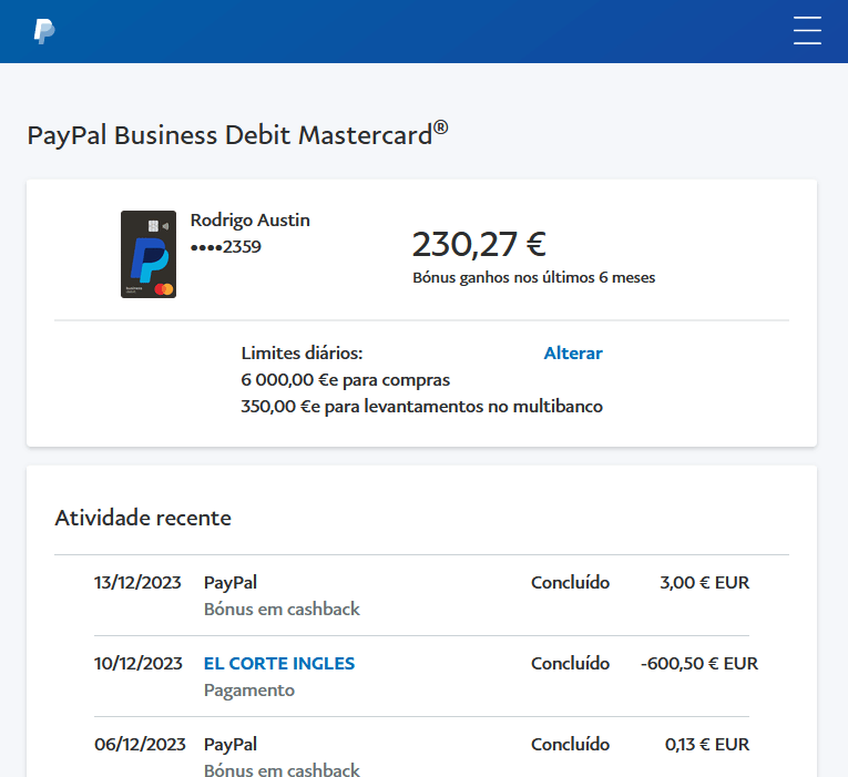 Comprovativo cashback Paypal