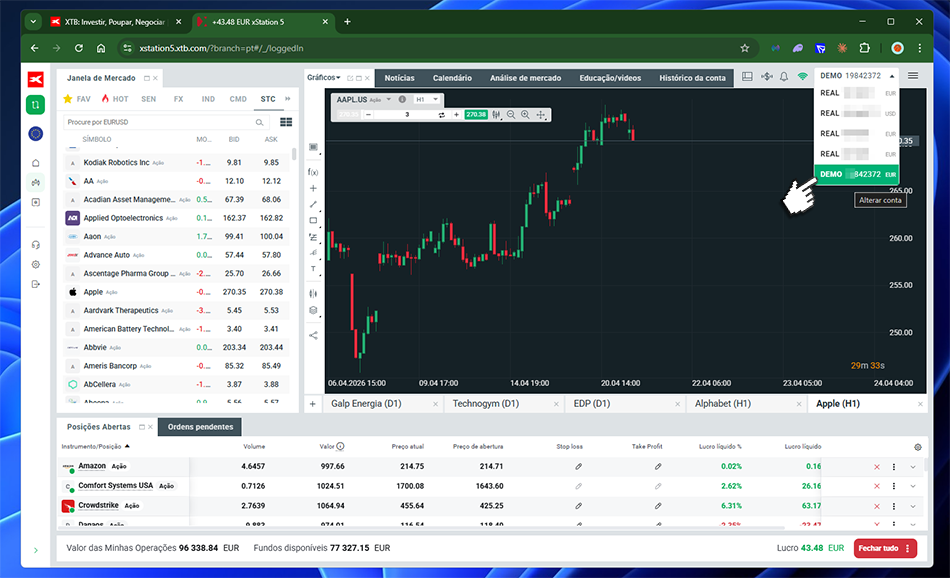 Conta demo na plataforma web da corretora XTB