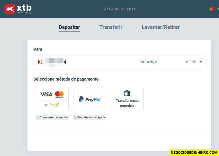 Depositar dinheiro na conta XTB