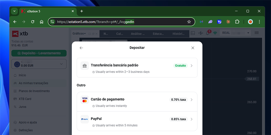Depósitos na corretora XTB