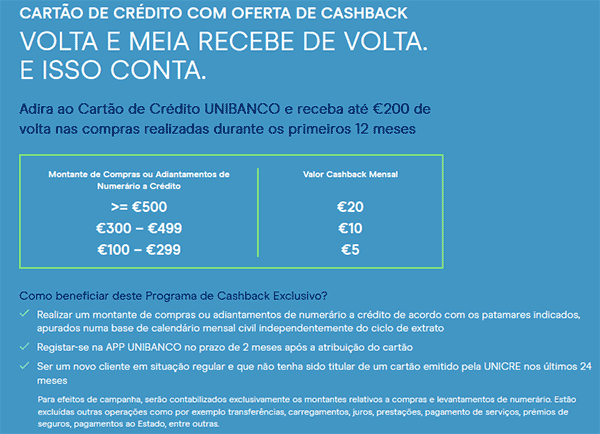 Detalhes do cartão de crédito UNIBANCO cashback
