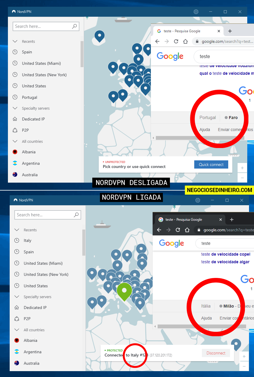 NordVPN ativada e desativada - veja as diferenças