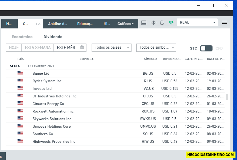 Calendário de Dividendos na plataforma xStation 5 da XTB