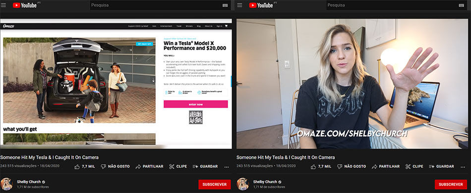 Influencer no Youtube menciona a Omaze