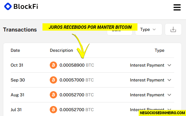 Juros recebidos na carteira BlockFi