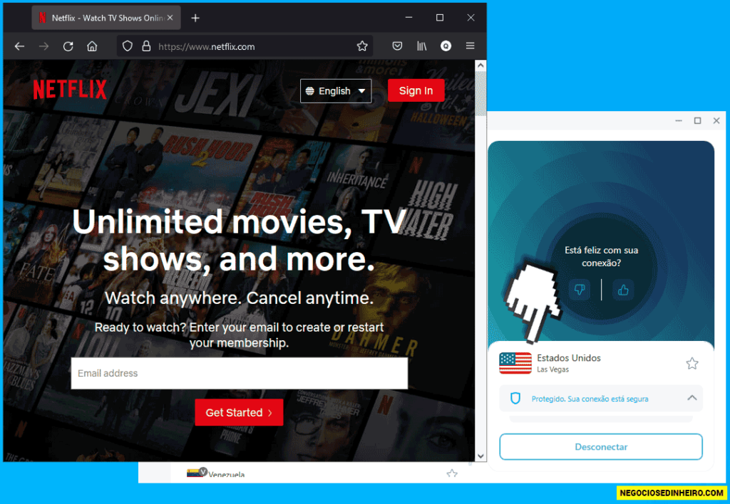 Netflix EUA com o Surfshark ligado a um servidor nos EUA
