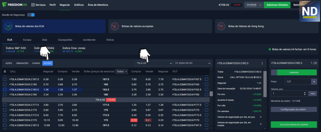 Opções da Tesla na corretora Freedom24