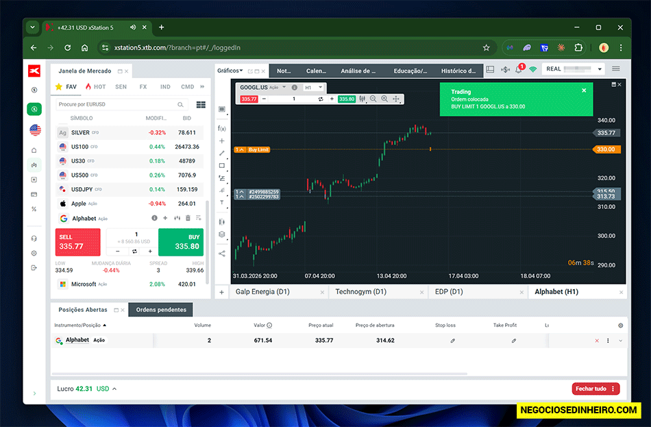 Ordens abertas na plataforma web XTB