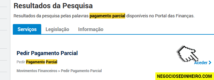 Pedir pagamento parcial de Pagamento por Conta