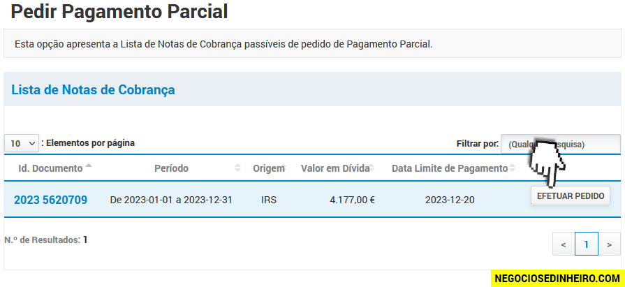 Pedir pagamento parcial de Pagamento por Conta