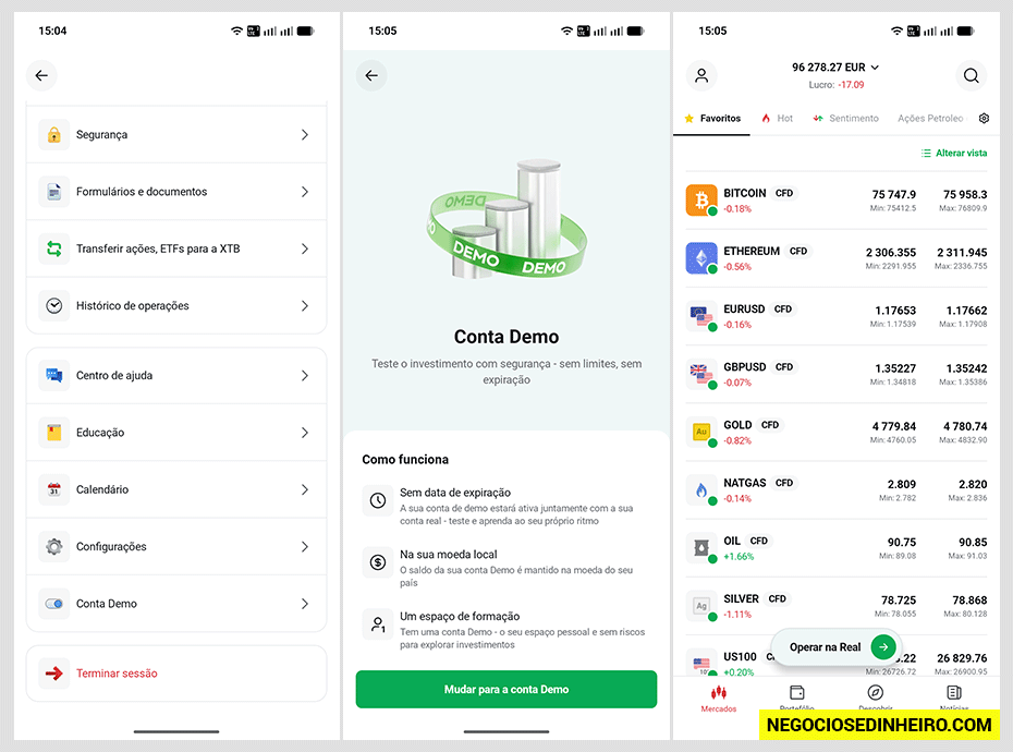 Plataforma mobile XTB na conta demo