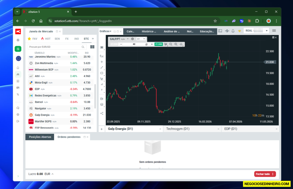 Plataforma web da corretora XTB