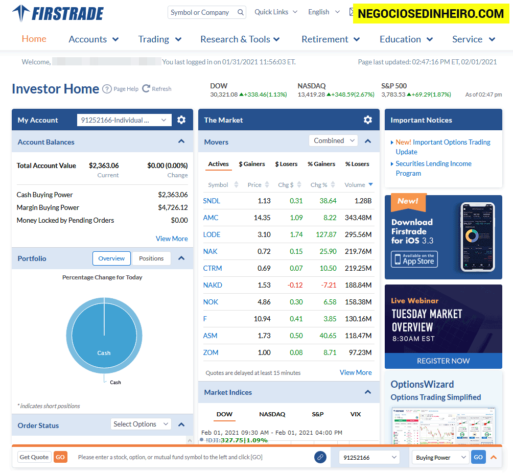 Plataforma web da corretora Firstrade
