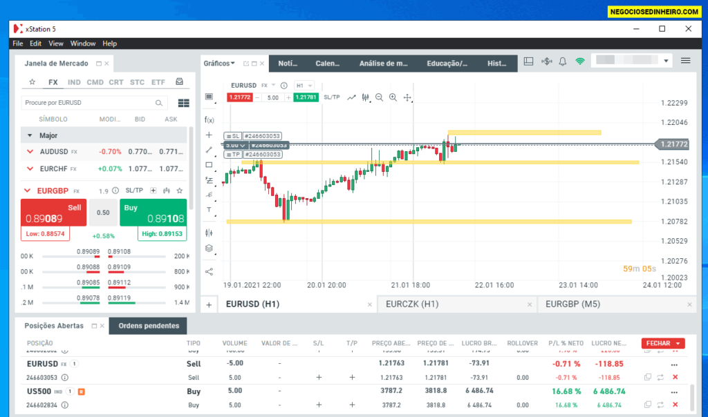 Plataforma xStation 5 da corretora XTB em modo claro