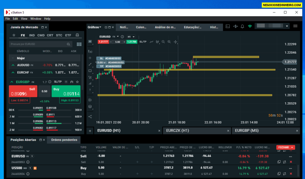 Plataforma xStation 5 da corretora XTB em modo escuro