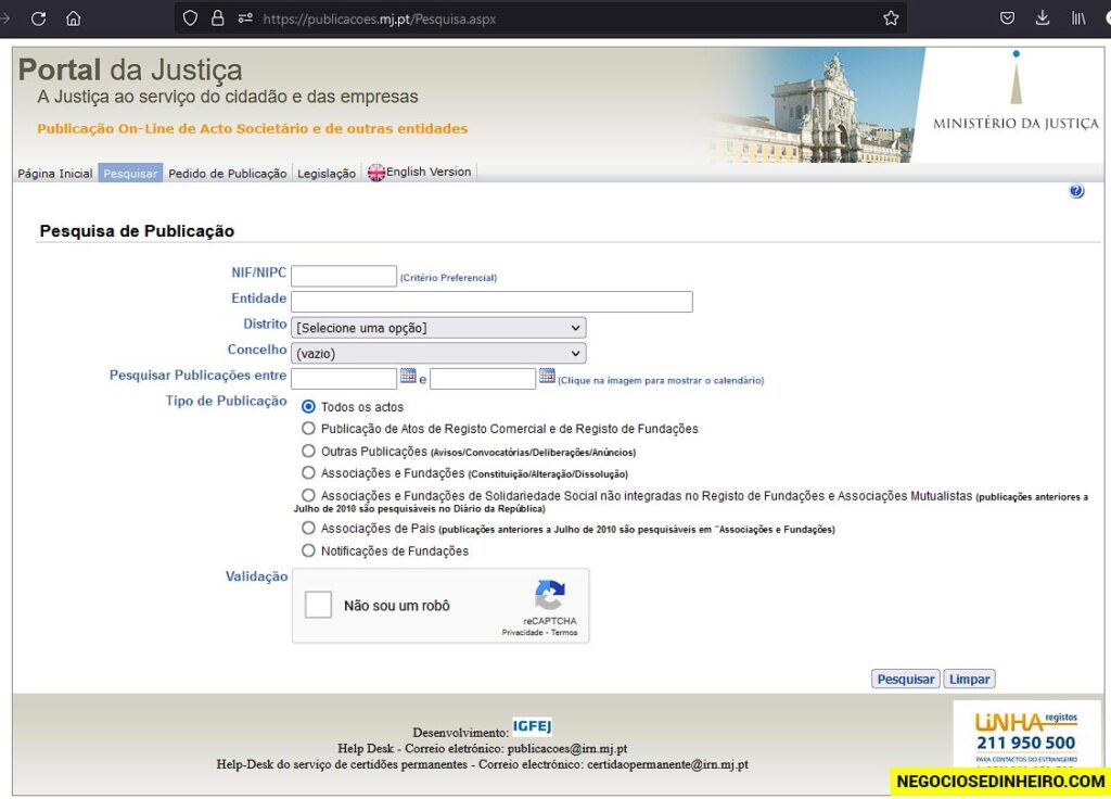 Como pesquisar dados empresa Portugal da Justiça