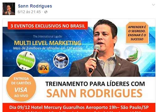 Sann Rodrigues, o principal promotor do esquema é apresentado como um Líder Internacional com mais de 2 milhões de afiliados em 120 países, mas este esquema nem tem metade disso.