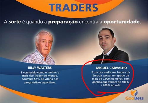 Modificaram o slide com os traders de sucesso. Novamente, colocaram o dono deste golpe como um trader muito bom. Ainda continuam a afirmar mentiras. Desta vez, é que ele consegue ganhos entre 100% e 200% ao mês.