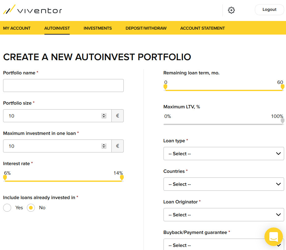 Página Auto Invest na plataforma de financiamento coletivo Viventor